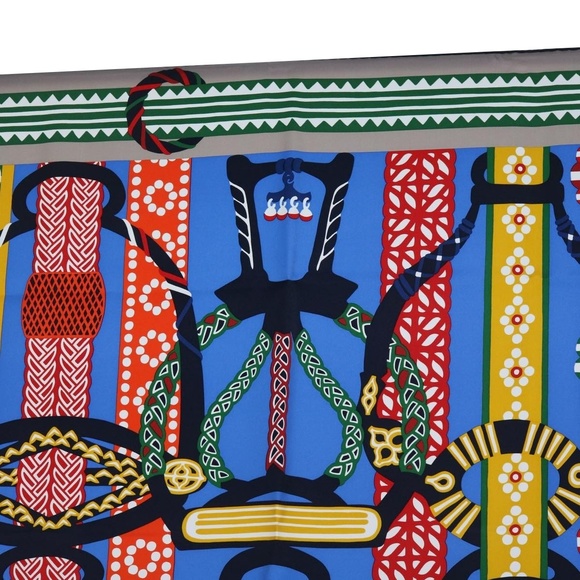 HERMES Carre 90 Fantaisie d�fEtriers Scarf Silk Blue Multicolor Auth 60781 - Picture 3 of 16